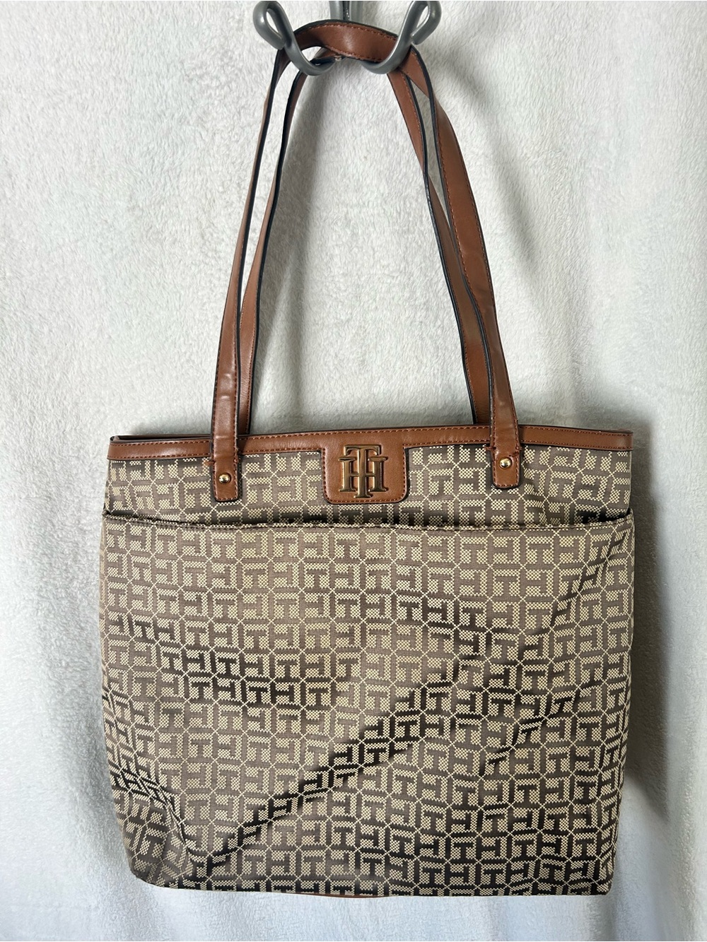 Tommy Hilfiger Beige Monogram Tote with Brown Trim